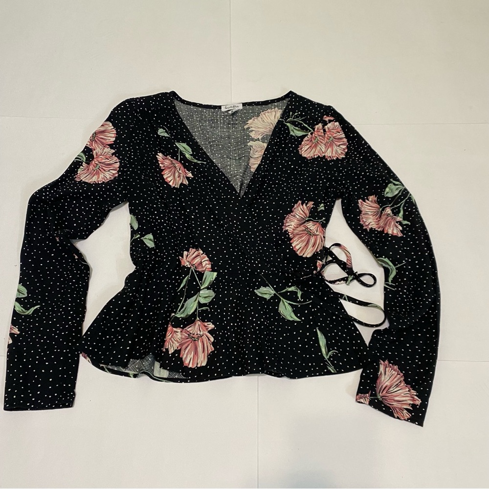 love, Fire Black Floral Wrap Blouse with Pink Flowers